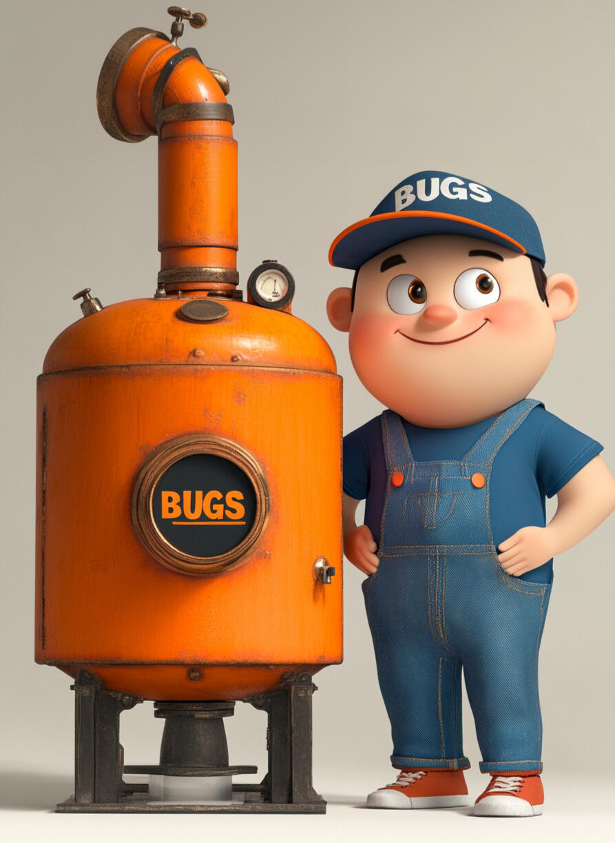 Cartoon of a smiling oil service engineer next to a boiler promoting the friendly and reliable service of BUGS BOILERS in West Oxfordshire (OX7, OX15, GL56, CV36)